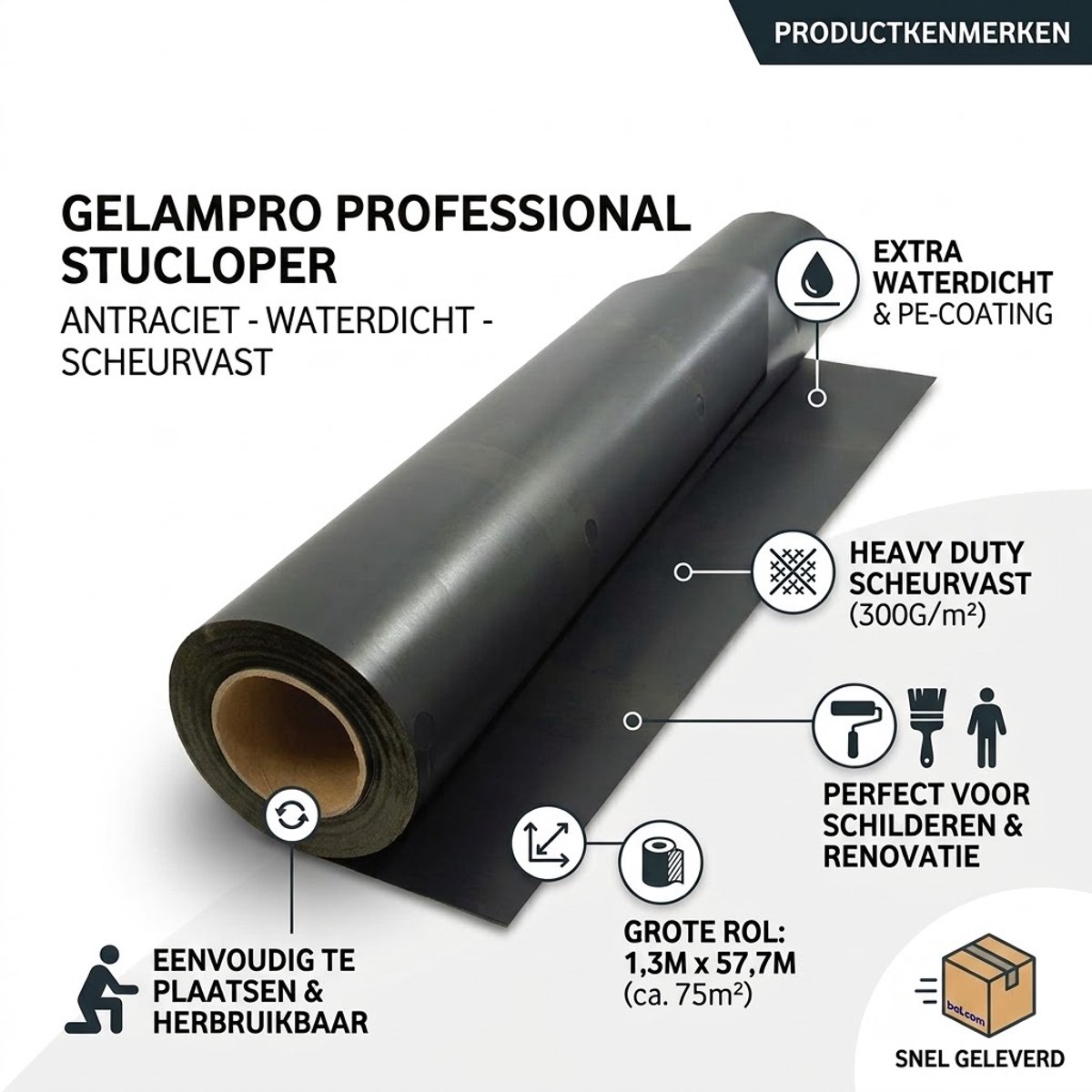 GelamPro - Stucloper - Afdekkarton - Bouwkarton - ANTRACIET - PE-Coating - Vloeistofdicht - Vloerbescherming - Tetra Pak - Professioneel - 300g/m² - Rol 1,3 x 57,7 m (75m²)