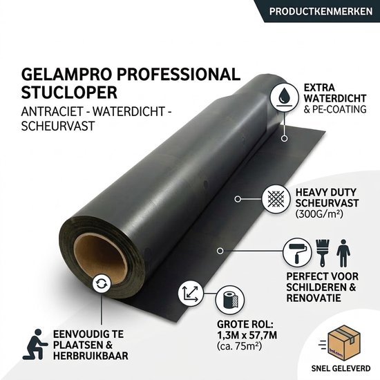 Donkergrijs stucloper 'GelamPro Professional Stucloper', 1,3m x 57,7m rol, met PE-coating, extra waterdicht en scheurvast.