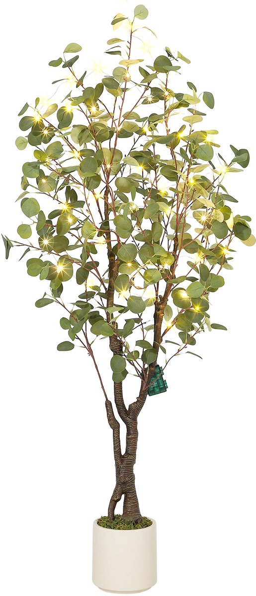 Triumpunpre Realistische kunstmatige eucalyptusboom voor binnen decoratie – 150 cm hoge vloer nepplant, zijde meervoudige stam groenvoorziening, voorgepot in witte pot, 8 standen LED-verlichting met afstandsbediening voor huis/bruiloft/feest
