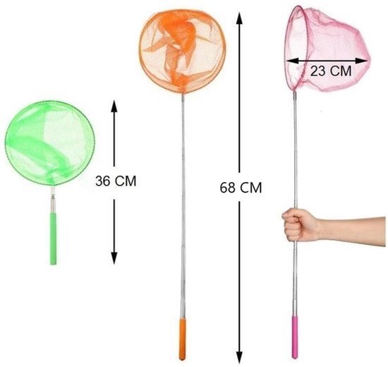 Drie telescopische schepnetten in het groen (36 cm), oranje (68 cm) en roze (23 cm breedte net).