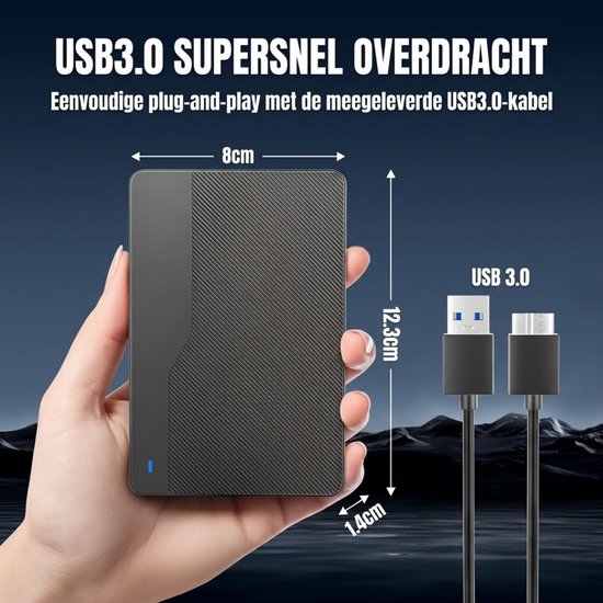 Levo® Externe Harde Schijf Extern 500GB Ultra Slim Draagbare Harde Schijf USB kabel HDD Opslag - Zwart - 13cm x 13cm x 2cm — afbeelding 3