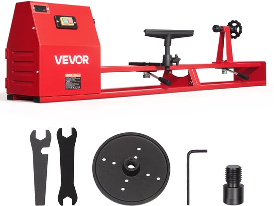 Rode VEVOR houtdraaibank getoond met bijbehorende sleutels, een opspanplaat en accessoires.