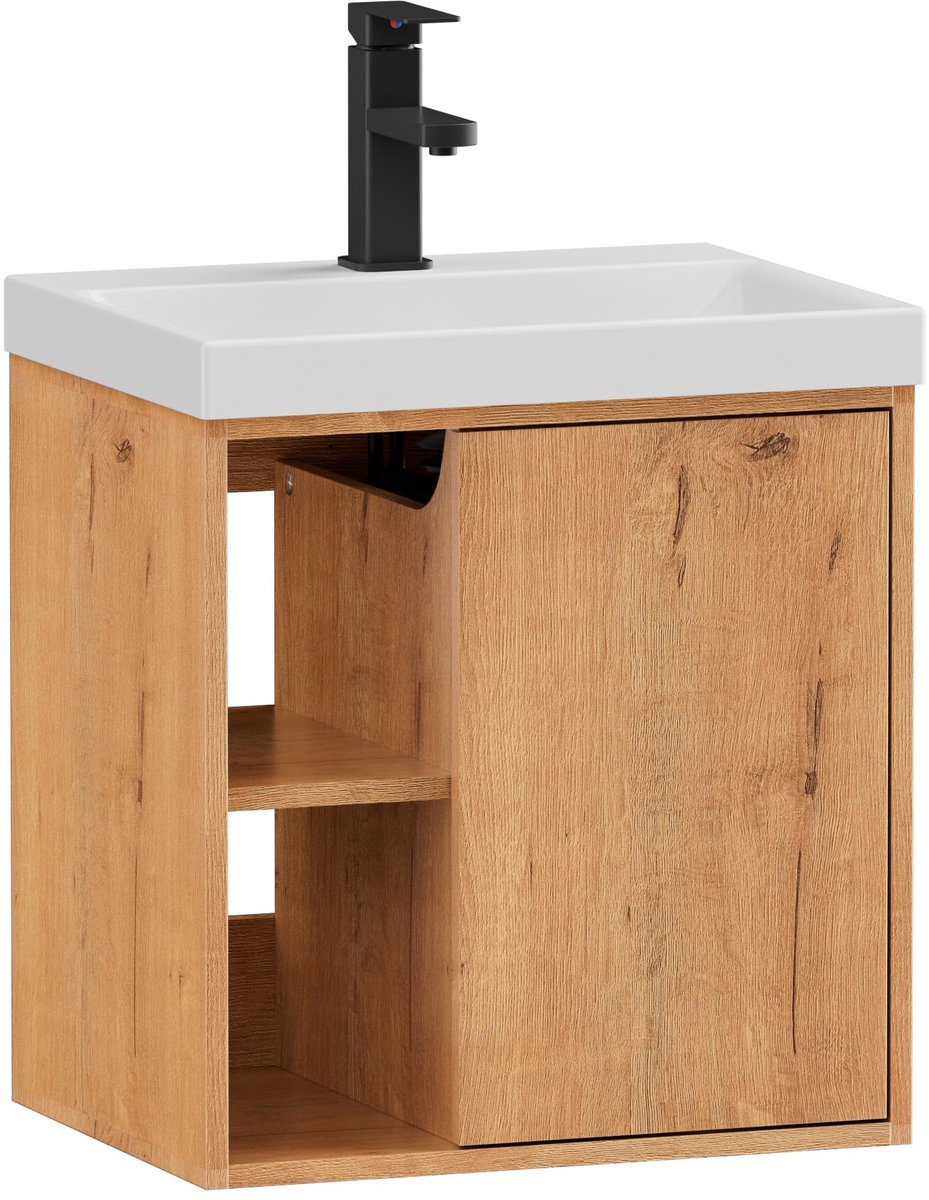 UEV wandmeubel met wastafel, 50 cm breed, klein gastentoiletmeubel, wastafel met kraan, wandmeubel, ruime opbergruimte, badkamermeubelset voor natuurlijke badkamers
