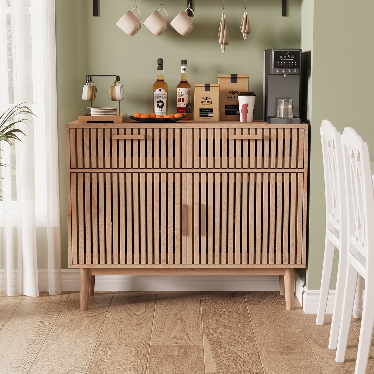 Dressoir 100x35x80 cm, buffetkast met 2 deuren en 2 lades, moderne opbergkast voor woonkamer en eetkamer, natuurlijke houtkleur