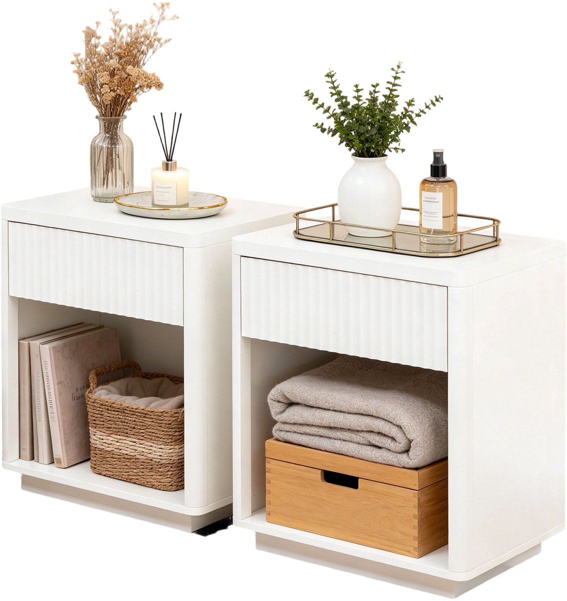 Ropilly Set van 2 Nachtkastjes - Met Lade en Open Vak - Modern Geribbeld Design - Hout - Slaapkamer & Woonkamer - 55x40x63,5 cm Wit