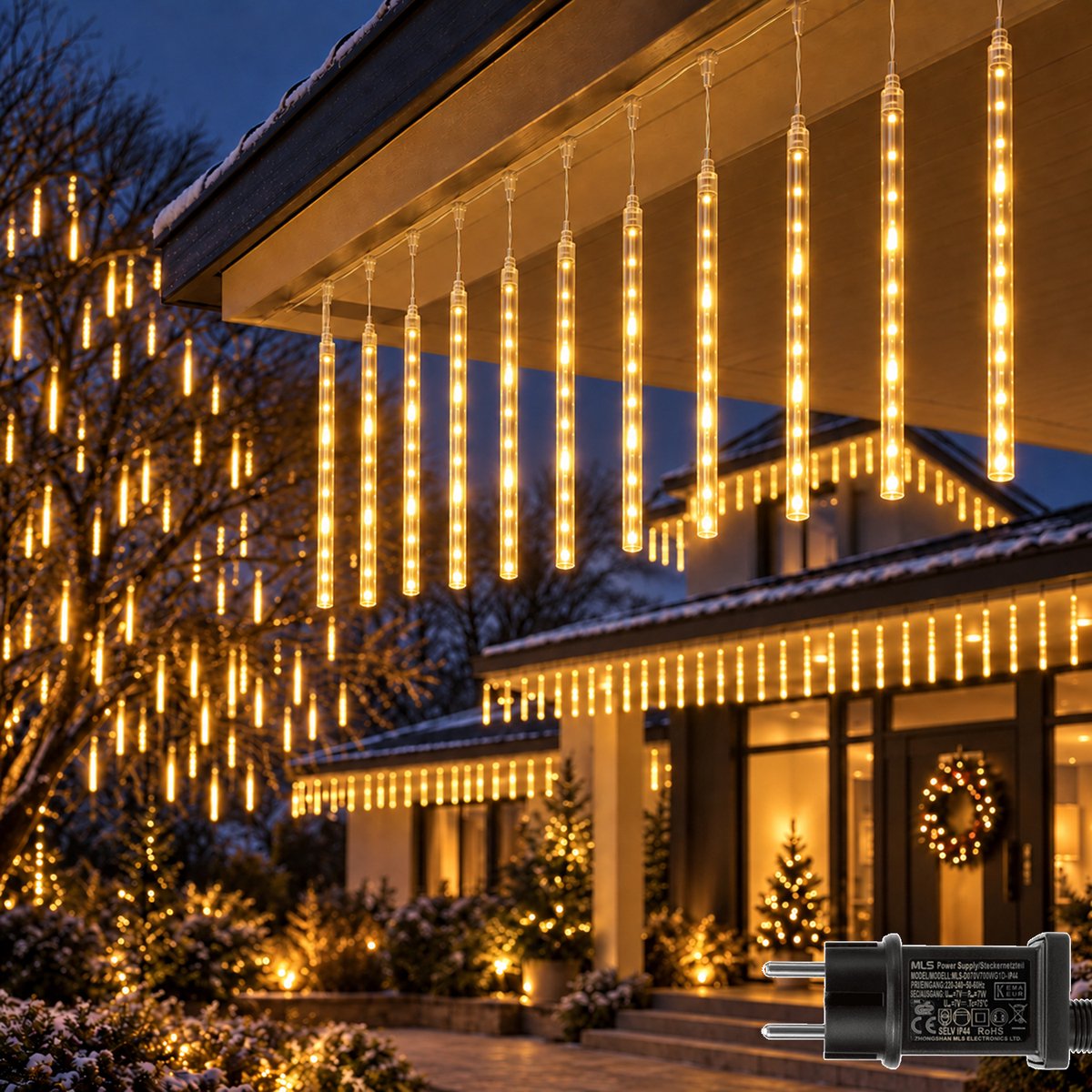 Lapamax Meteorenregen Kerstverlichting - LED Lichtgordijn met 8 Vallende Lichtbuizen - 192 LEDs, Buizen van 30 cm, Verlichte Lengte 2,4 m - Koppelbaar IP44 voor Binnen en Buiten - Warm Wit