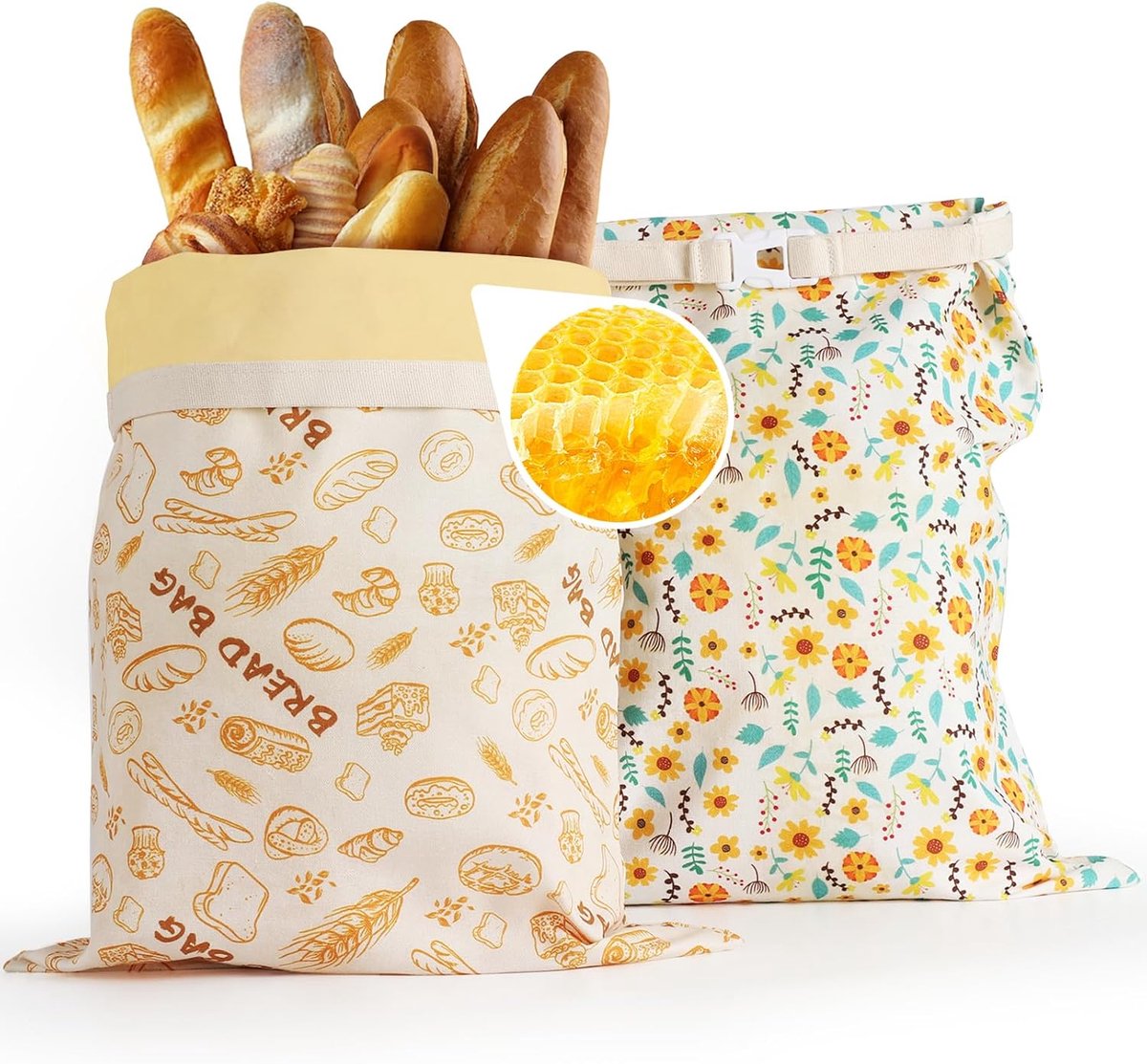 Broodzakken - 2 stuks bijenwas broodzakken- Herbruikbaar - Gecoate katoenen bewaarzakken - Voor het bewaren van zuurdesembrood en zelfgebakken brood - 43x33cm