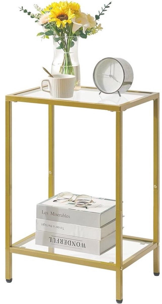 Industriële gouden bijzettafel met 2 niveaus en gehard glas - salontafel voor diverse ruimtes