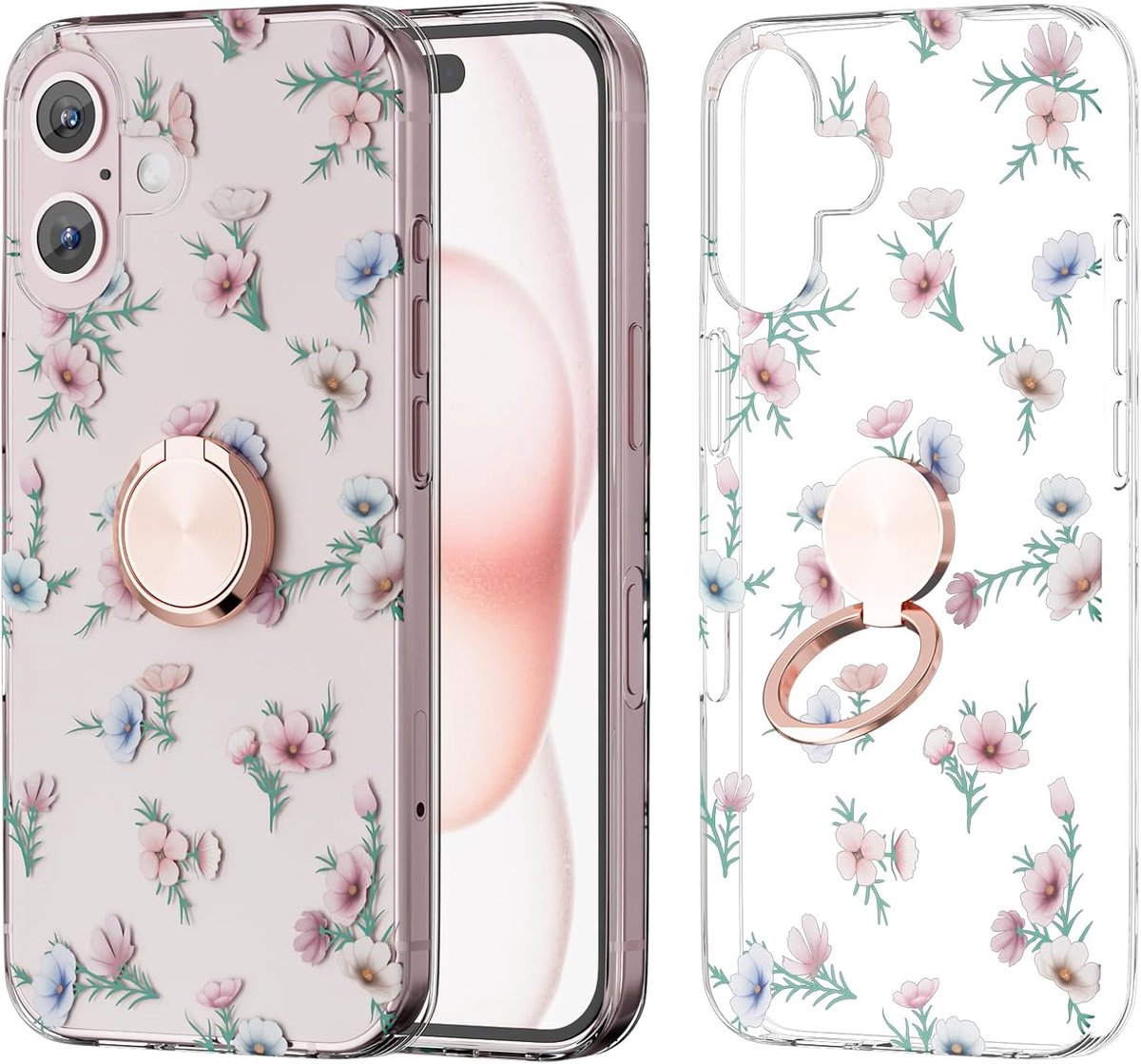 Case Compatible with iPhone 16, Ring Stand Printed Flowers Plants Butterfly Art Pattern Anti-peel Transparent Case - ShopVlot