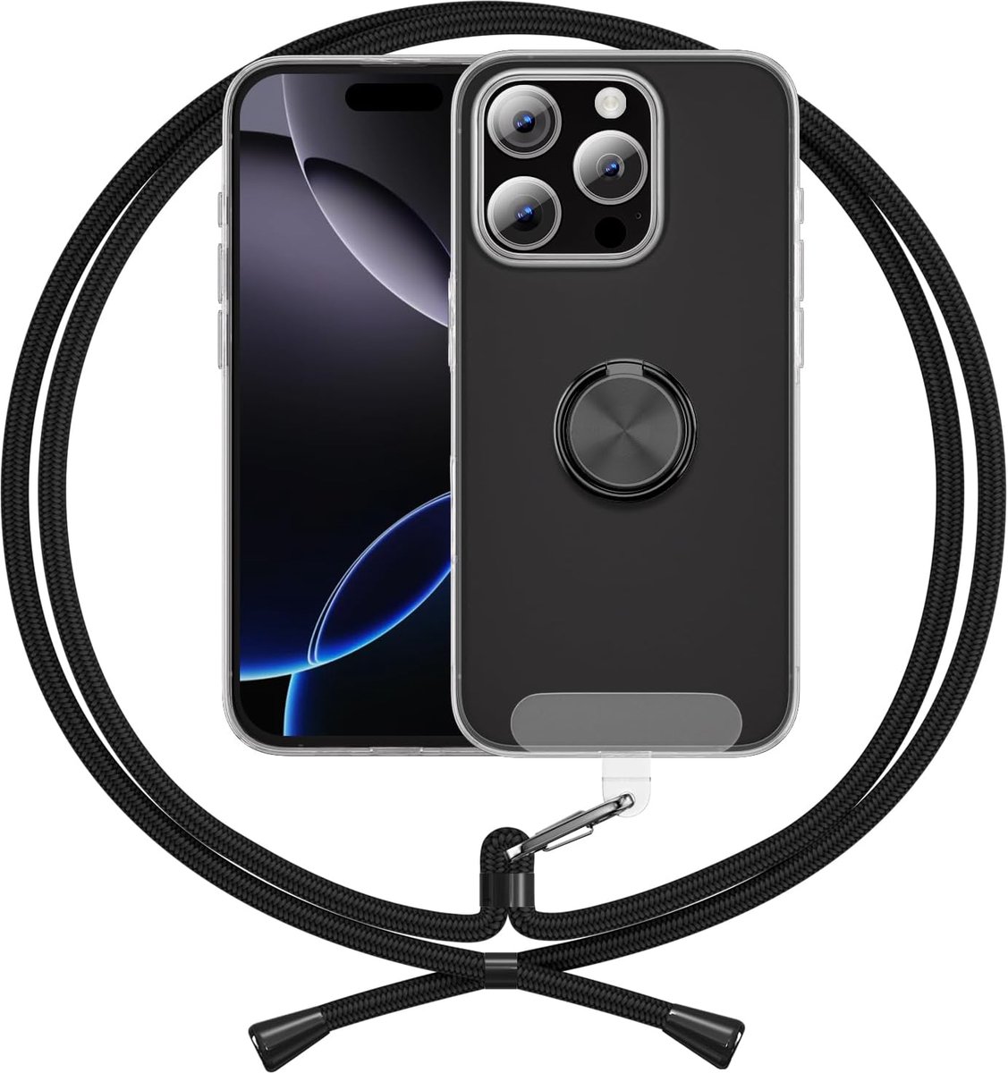 Case Compatible with iPhone 16 Pro Max Cord,Ring Kickstand Lanyard Phone Case Clear Transparent Silicone Case, Black - ShopVlot