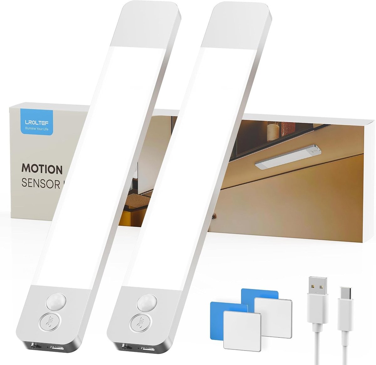 LED Onderkastverlichting met Bewegingssensor voor Keuken, 20 cm, 1100 mAh, 4000K, Ideaal voor Kasten, Trappen en Woonkamers, Set van 2 Stuks