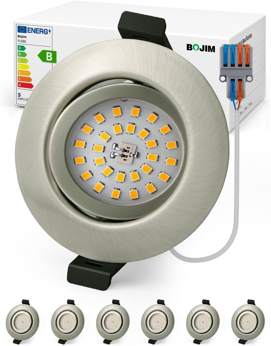 LED Inbouwspot, Nickel, IP44, 4.7 W, Energieklasse B, Plafondverlichting, 230 V, Gat 68 mm - 80 mm, Warm Wit, Inbouwverlichting voor Badkamer, Keuken, Slaapkamer, Set van 6, Energiezuinig en Modern Design