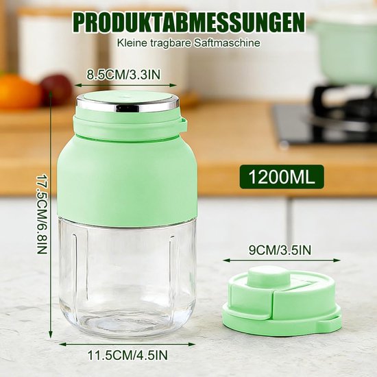 Juice Mixerfles, smoothie maker to go, 1200 ml flessenmixer met 38 messen, draagbare mixer met lekvrij deksel voor reizen, kantoor, sportschool, camping (groen) — afbeelding 2