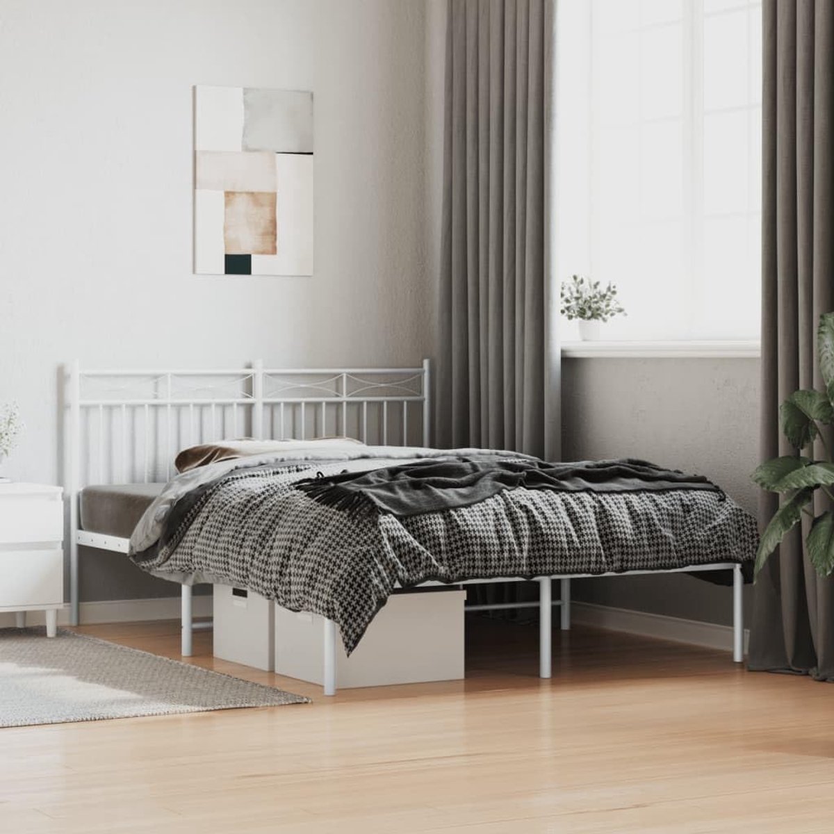 Bedframe met hoofdeinde, metaal, wit, 135 x 190 cm, bedframe voor slaapkamer, hotel, bedframe voor woonkamer, slaapkamer