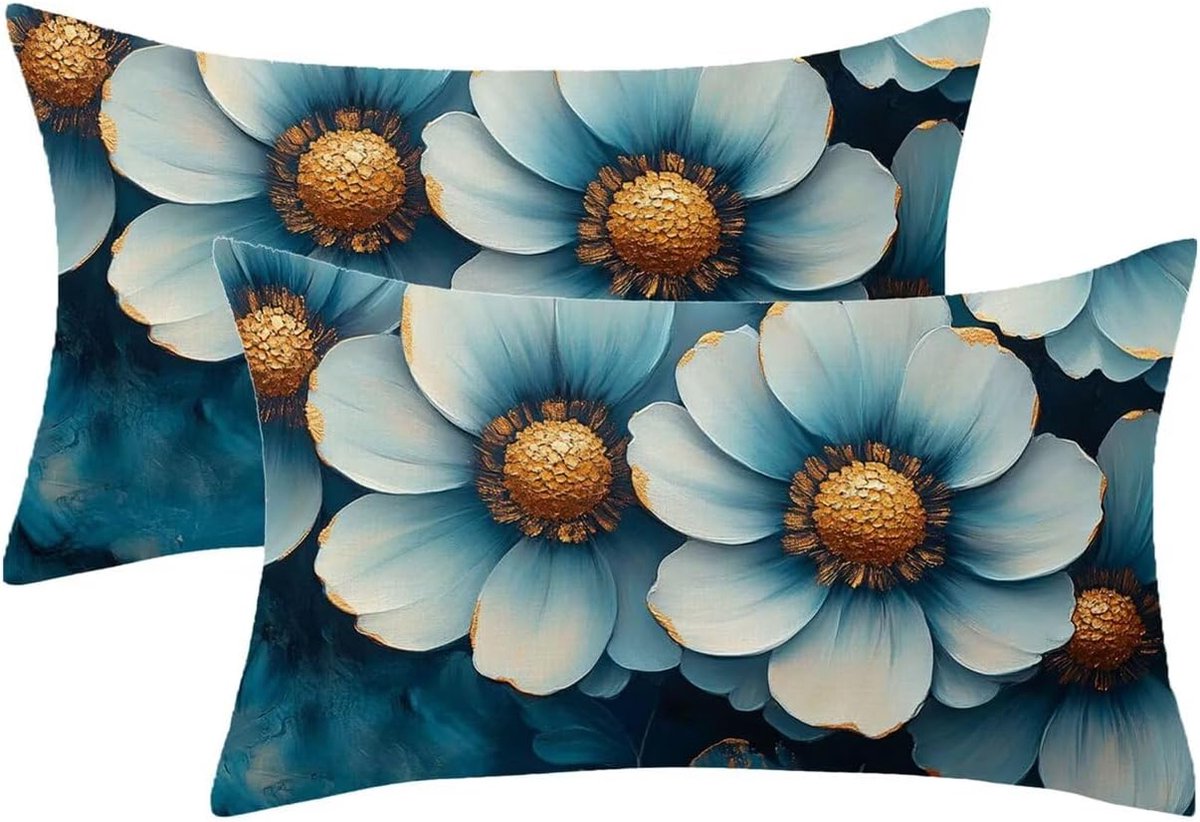 Kussen, weerbestendig, turquoise, 70 x 90 cm, set van 2, decoratie, lentedecoratiekussen, bloemenpatroon, fluweel, bankkussen met onzichtbare ritssluiting, outdoor, sierkussen voor balkon