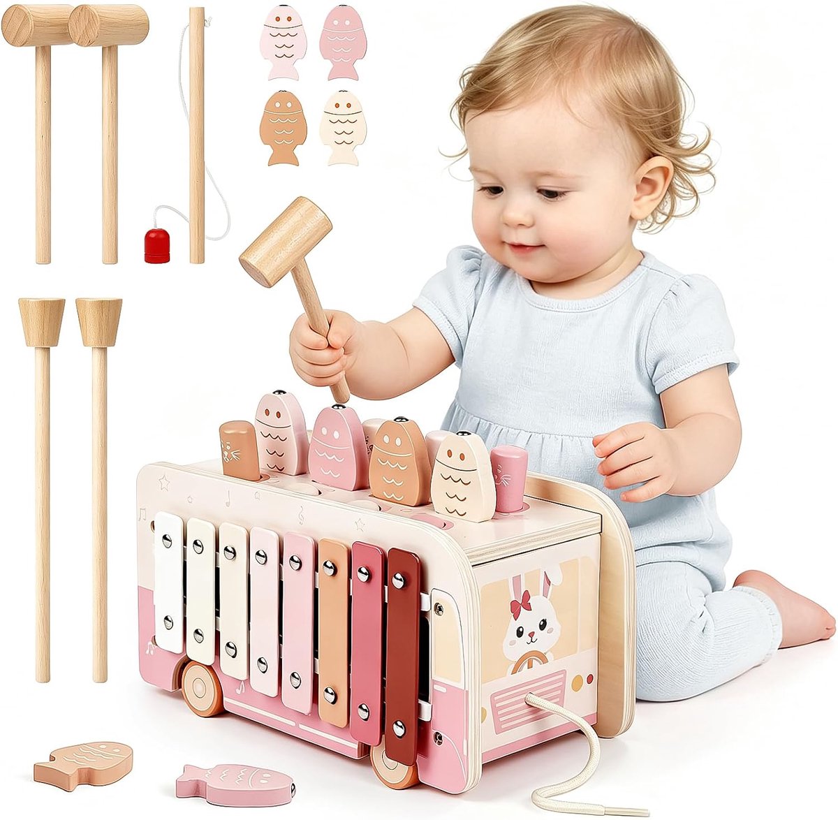 Speelgoed voor baby's, 1 jaar, Montessori speelgoed, 7-in-1 xylofoon voor baby's, houten speelgoed, cadeau voor kinderen, meisjes, 1, 2, 3, 4 jaar