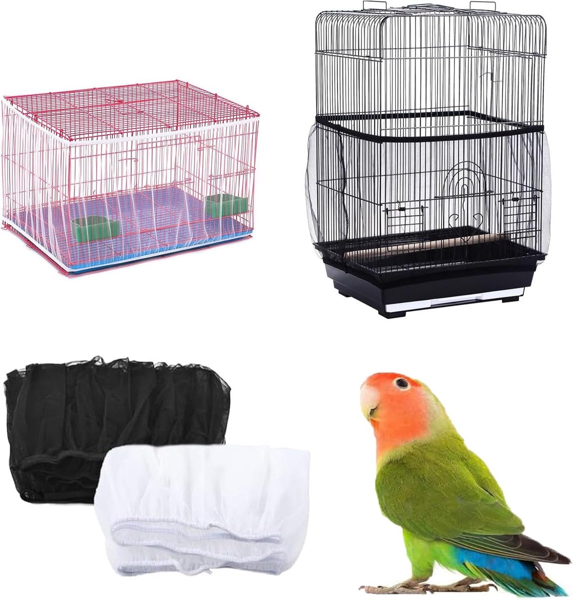 2 stuks vogelkooi-afdekking, universele vogelkooi, zaadvanger, zachte stretch vogelkooi, mesh-afdekking, ademende rockbeschermer voor Macaw, Afrikaanse ronde vierkante vogelkooi (zwart/wit)