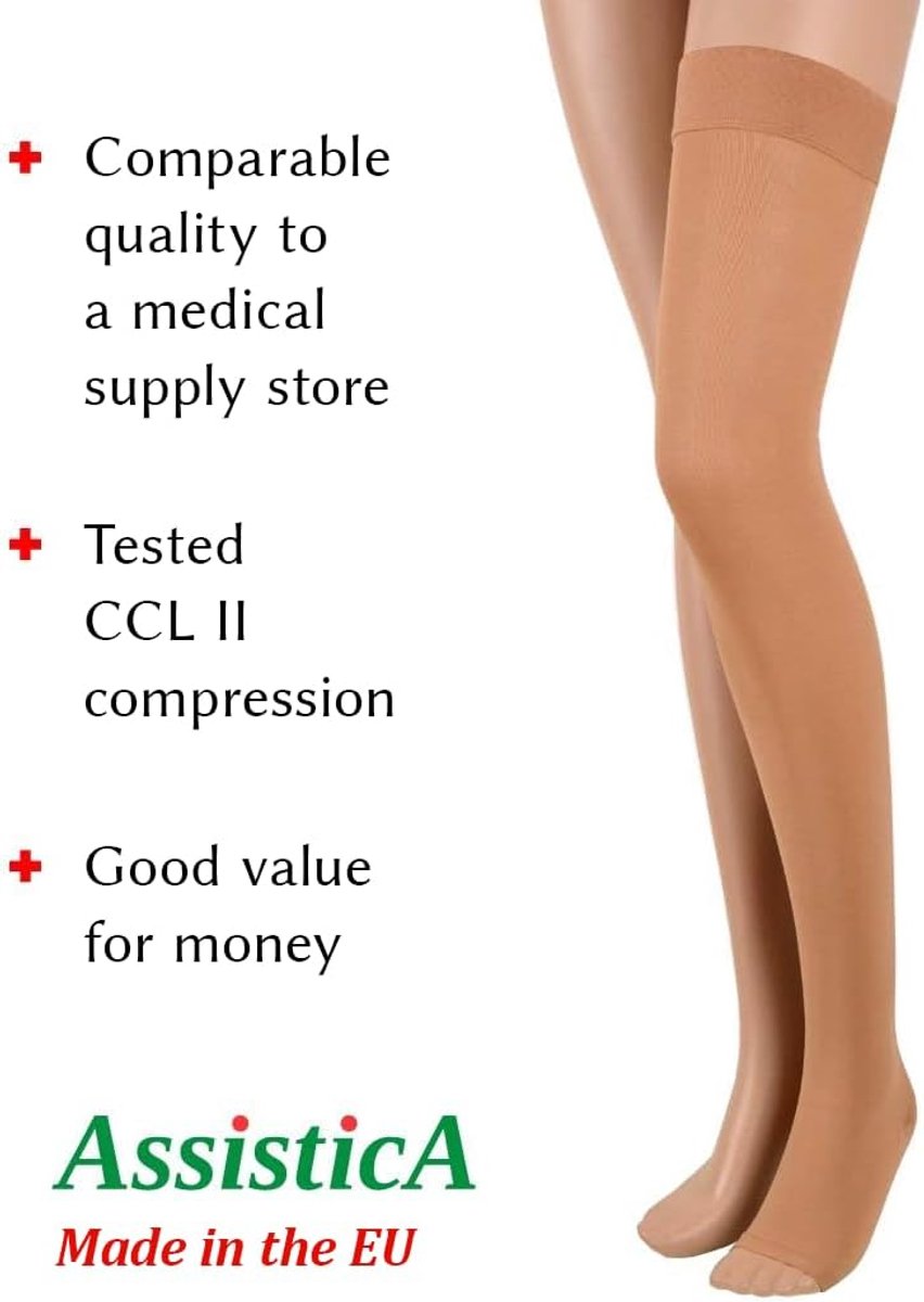 Kousen Klasse 2, 23-32 mmHg, M, 170-182 cm, Beige | CCL II lange steunkousen met open teenstuk, voor dames en heren, medische compressiekousen bij spataderen