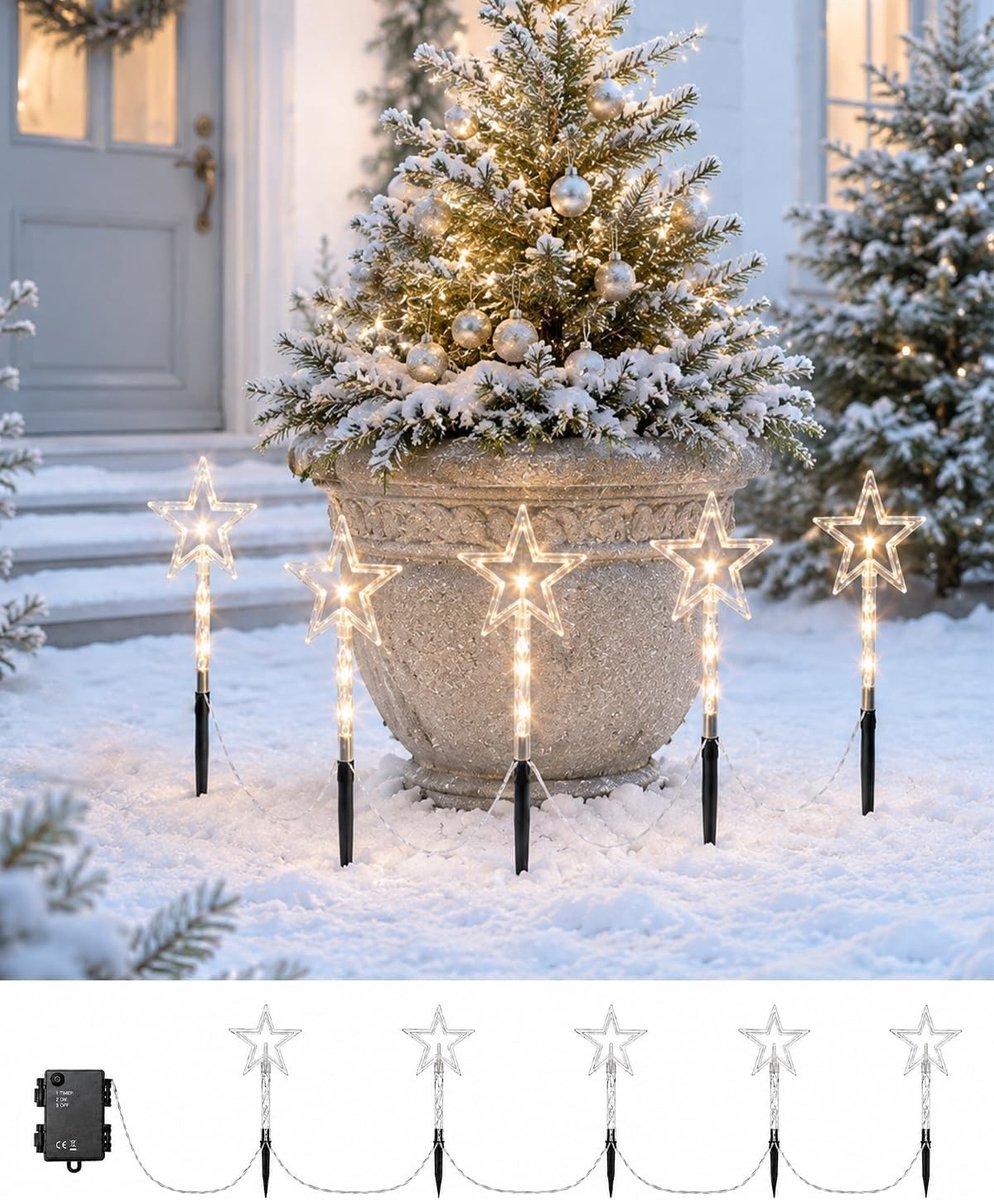 Verlichte Kerstster van 35 cm Hoog met 15 LEDs en Timer, Waterdichte Buitendecoratie voor Balkon, Terras en Tuin
