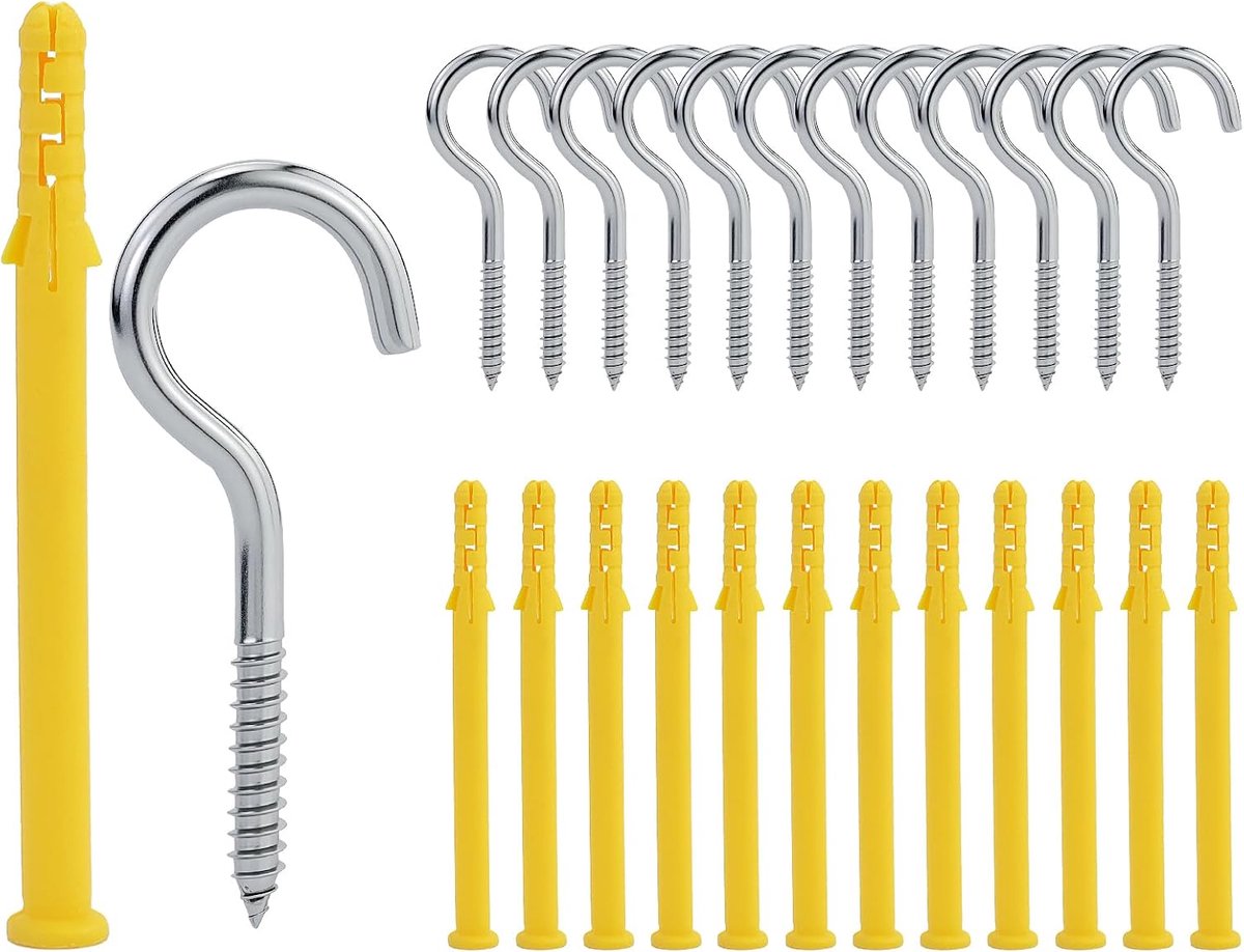 Haken, roestvrijstalen plafondhaken, metalen schroefhaken met 12 expansiebuizen, voor sleutels, handdoeken, halskettingen, decoraties, windgongen