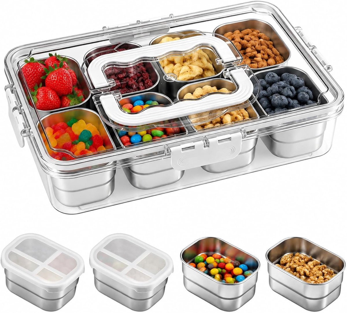 Snackbox met 8 roestvrijstalen vakken, transparante snackplaat voor fruit, noten, snoep, verdeelde snackschaal met deksel voor snacks en specerijen, snackdoos voor keuken, picknick, reizen