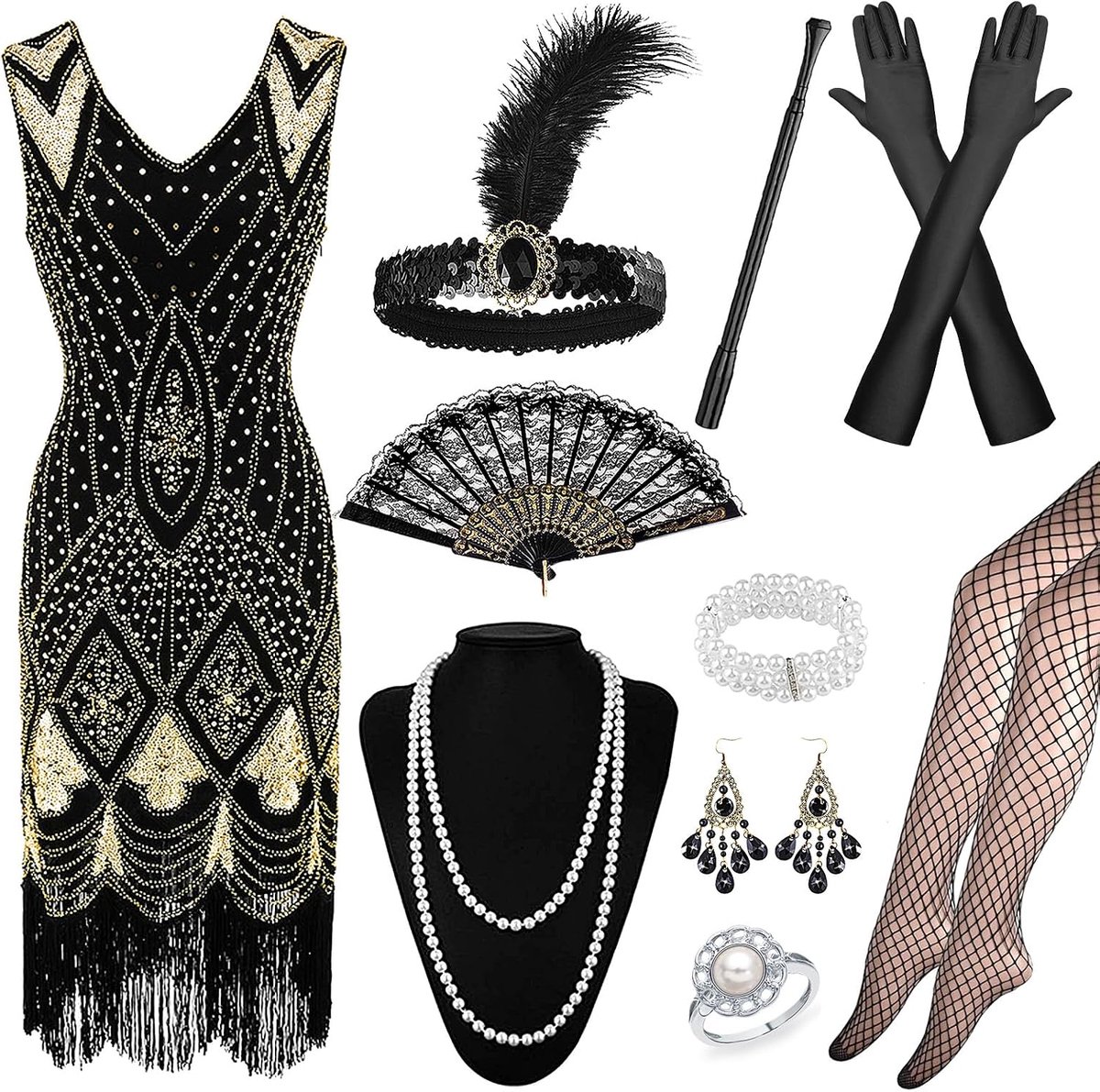 Jaren 20 flapperkostuumset met paillettenjurk en accessoires voor carnaval, carnaval en Gatsby-themafeesten