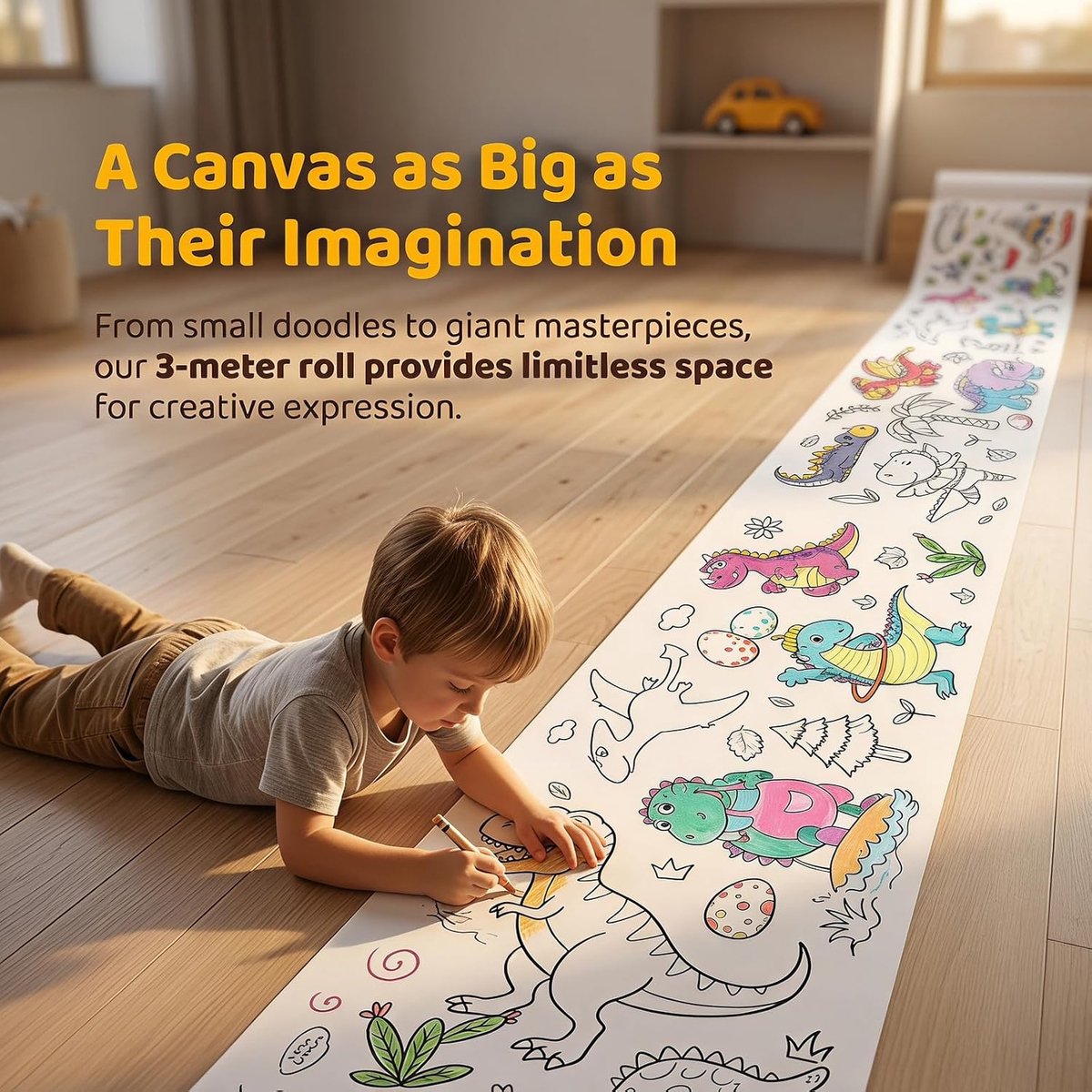 Tekenpapier voor kinderen inclusief 24 waskrijtjes, schilderpapier, tekenrol, verfrol, doe-het-zelf-snijdbare tekenrol, kleurvulpapier, ideaal voor creatieve kinderactiviteiten, 30 x 300 cm