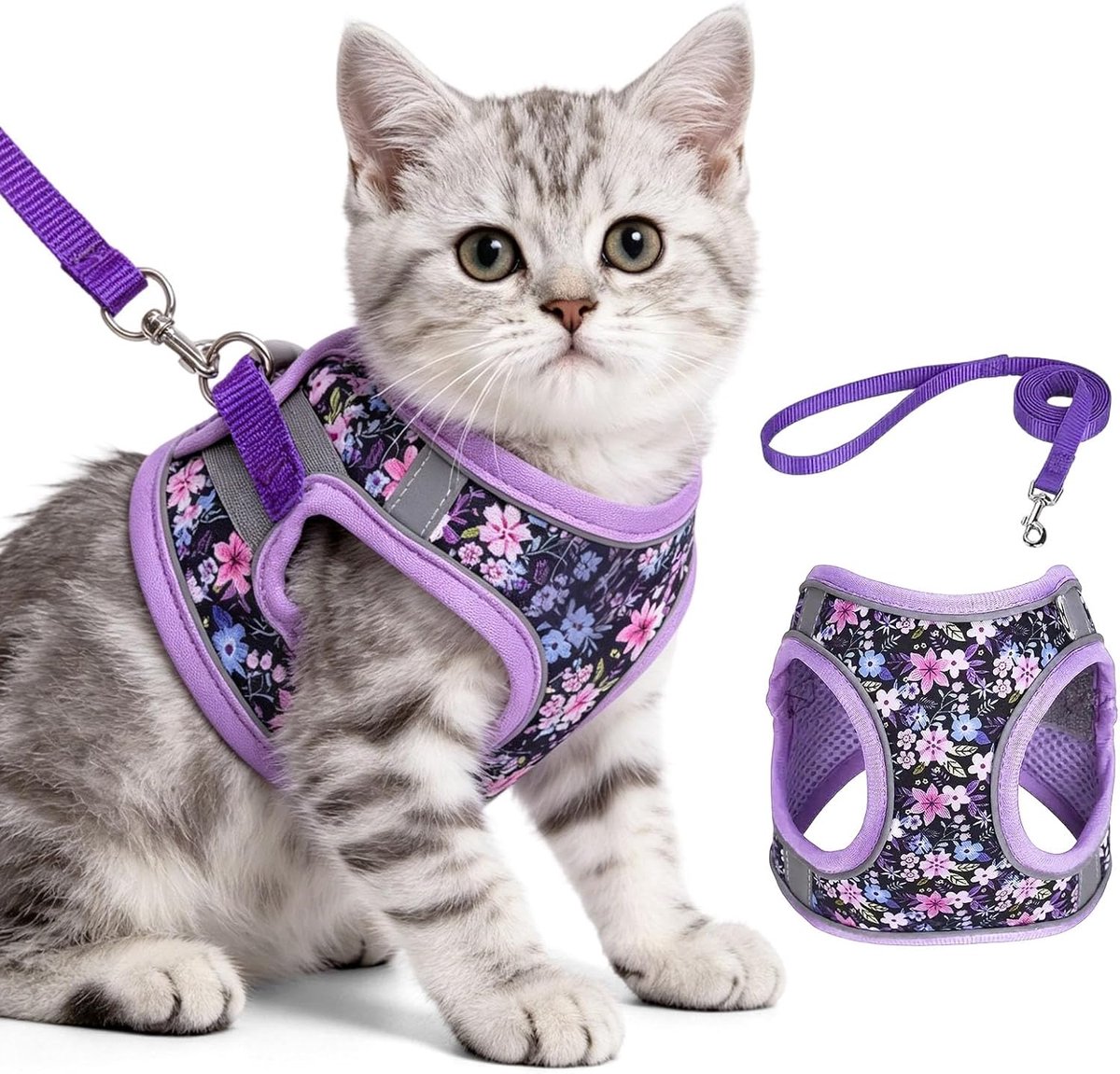 Kattenharnas met riem, verstelbare harnasset voor katten met riem, ademend veiligheids-harnas voor kittens en grote katten, zacht kattenharnas (Lila, 2XS)