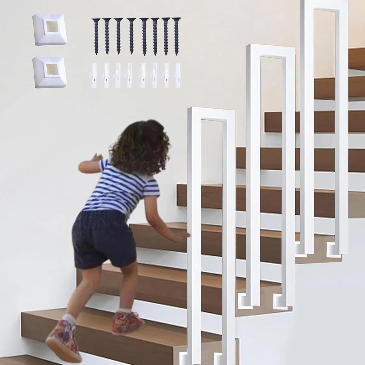 Trapleuning voor binnen, trapleuning, trap, U-vormige leuning, buitentrapleuning, zwart, trapleuning, voor balkons, gangen, woningen, villa's (L-wit, 85 cm)
