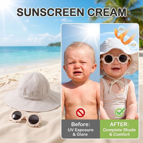 Zonnehoed en zonnebril set, UPF50+ zonbescherming, verstelbare hoed met bloemenzonnebril, voor strand, tuin, reizen en dagelijks gebruik, (Beige gestreept, melkwit, 0-2 jaar) — afbeelding 5