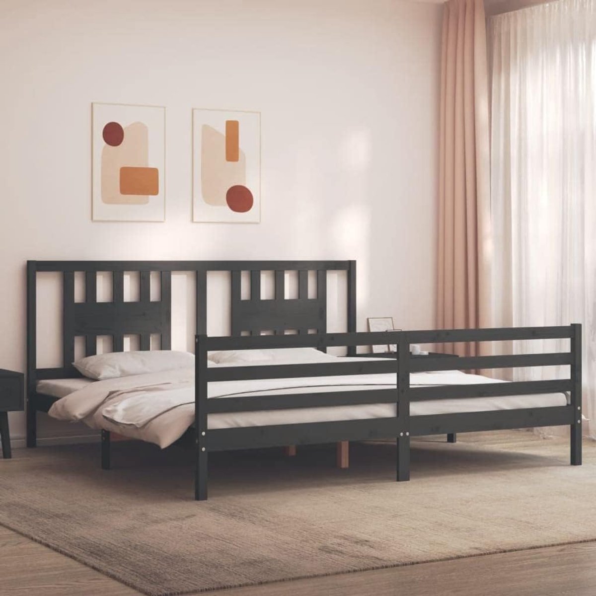 Houten bed met hoofdeinde, grijs, 200 x 200 cm, bedframe voor woonkamer, hotelbedframe, slaapkamer, geschikt voor slaapkamer