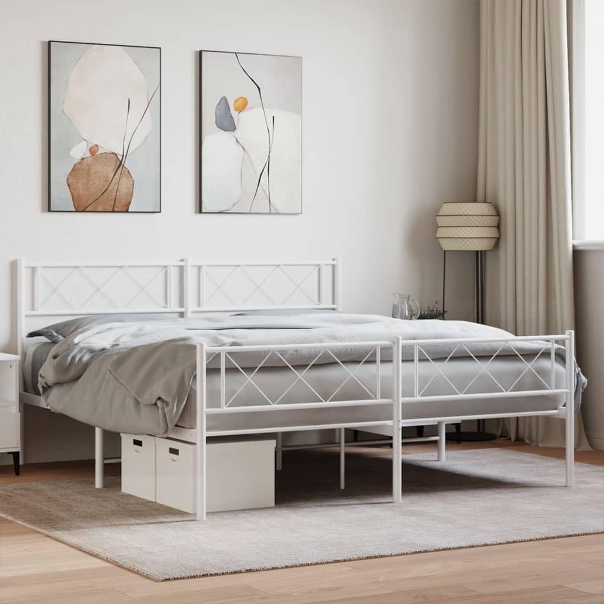 Bedframe met hoofd- en voeteneinde, metaal, wit, 135 x 190 cm, hotelbedframe, bedframe voor woonkamer, slaapkamer, geschikt voor slaapkamer
