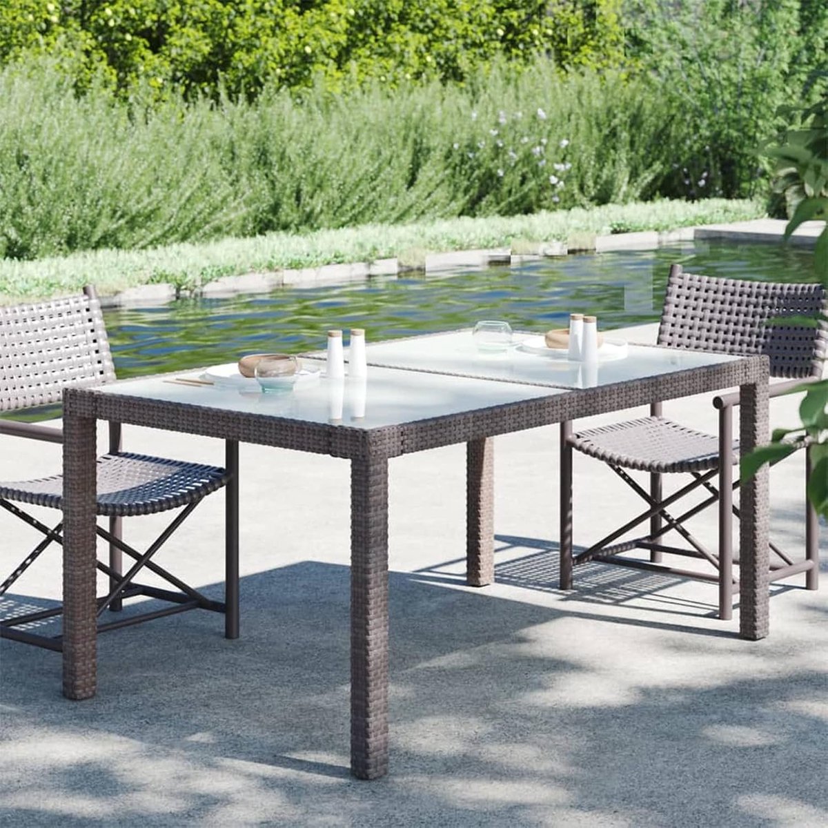 Tuintafel, balkontafel, eettafel, terrastafel, campingtafel, partytafel, buitentafel, tuinmeubelen, tafel voor tuin, terras en balkon, 150 x 90 x 75 cm, gehard glas, polyrotan, bruin