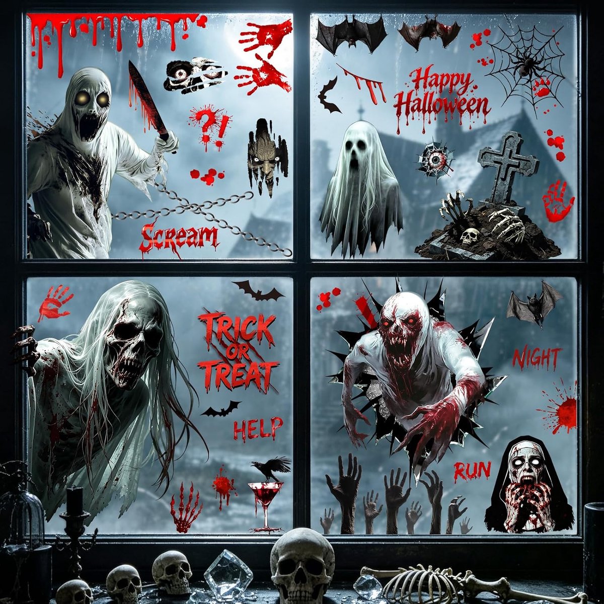 Raamstickers Enge Bloedige Zombie Handptints Venster Klampt zich