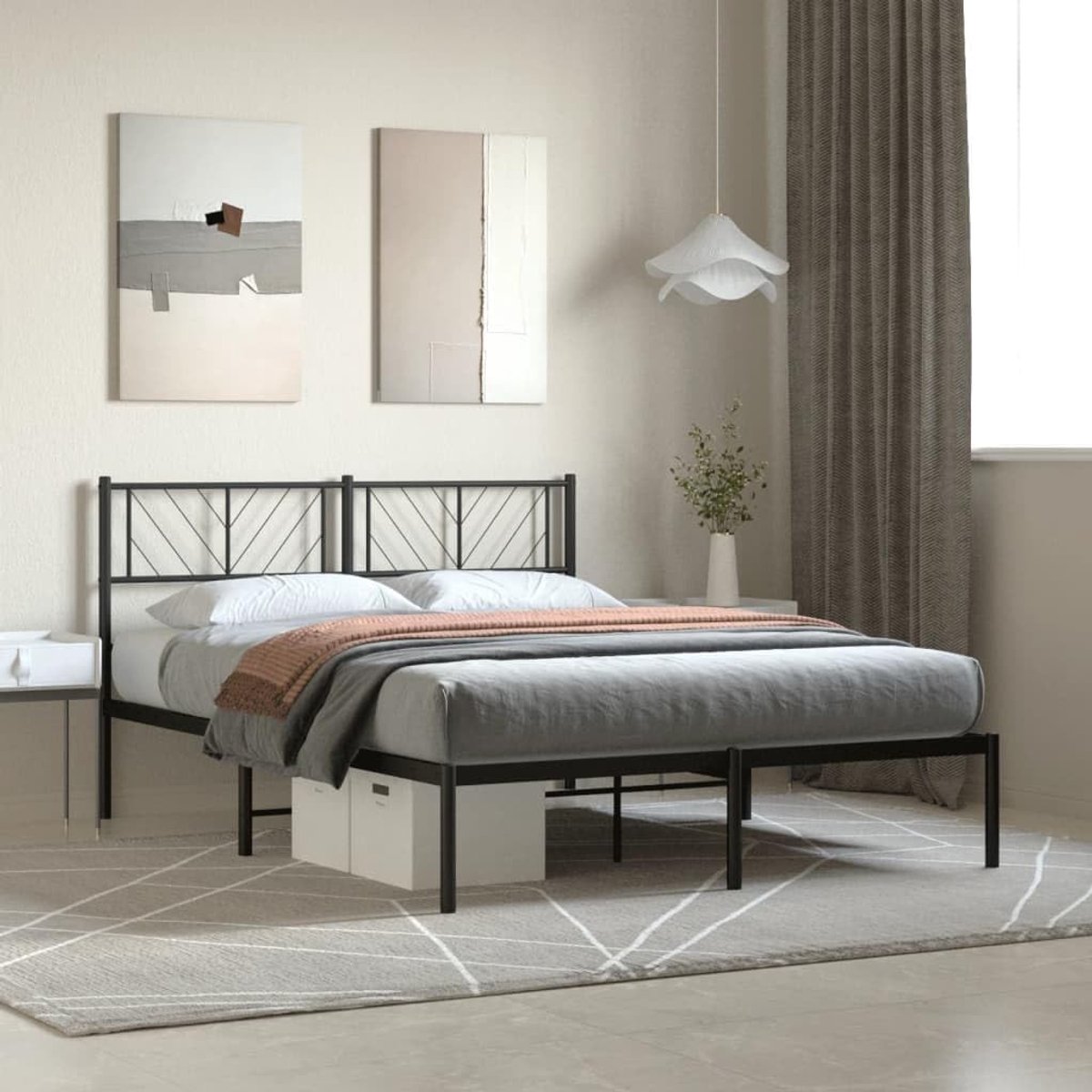 Bedframe met hoofdeinde, metaal, zwart, 140 x 190 cm, bedframe voor slaapkamer, woonkamer, hotelbedframe, geschikt voor slaapkamer