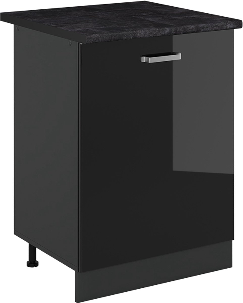 Vicco Keukenonderkast R-Line, Zwart hoogglans/Antraciet, 60 cm met 1 deur antraciet werkblad