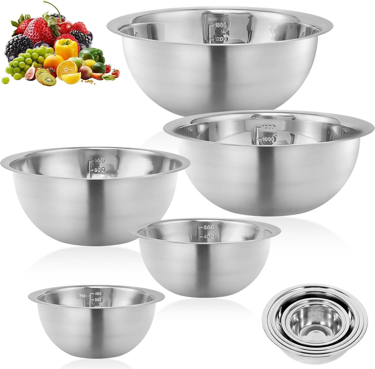 Set of 5 stainless steel mixing bowls with size markings and ergonomic design, stackable frost protection and - ShopVlot