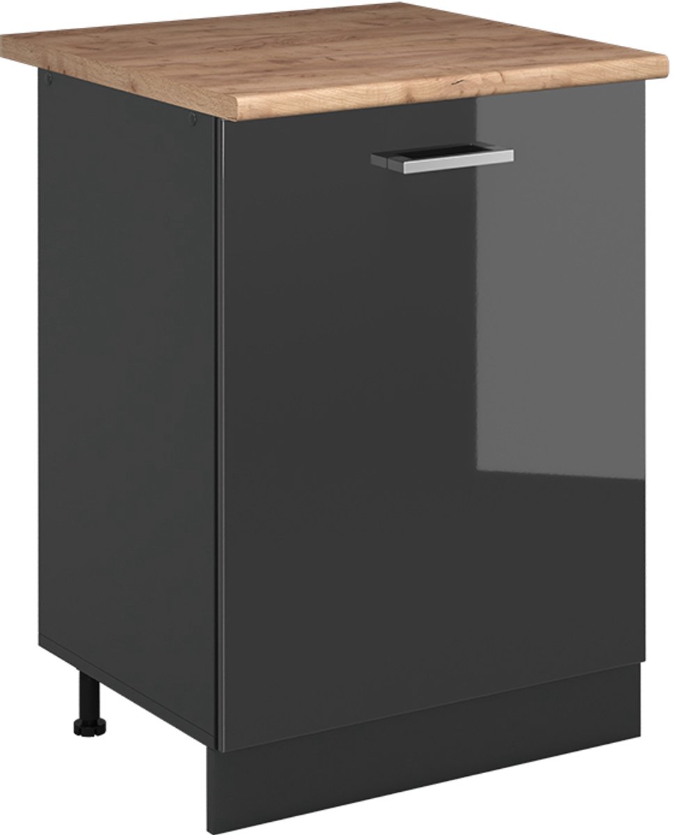 Vicco Keukenonderkast R-Line, Antraciet Hoogglans/Antraciet, 60 cm met 1 deur goudkleurig eiken werkblad