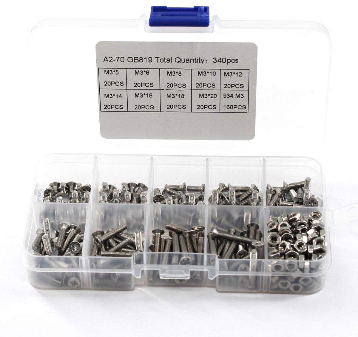 340pcs M3 304 Stainless Steel Cross Head Countersunk Head Flat Head Screws Hex Nuts Assortment Kit - ShopVlot