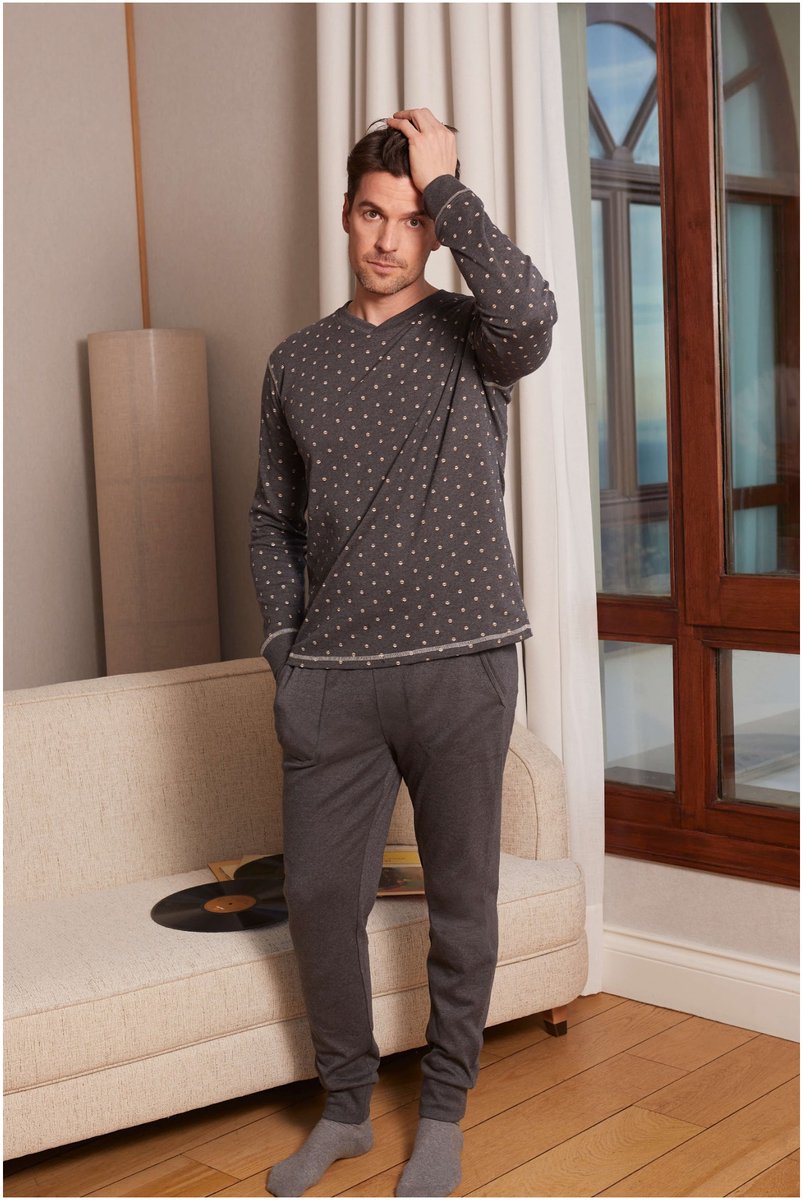 Barandi Basel Herenpyjama – 100% Katoen – Lange Mouwen en Lange Broek – Antraciet- M