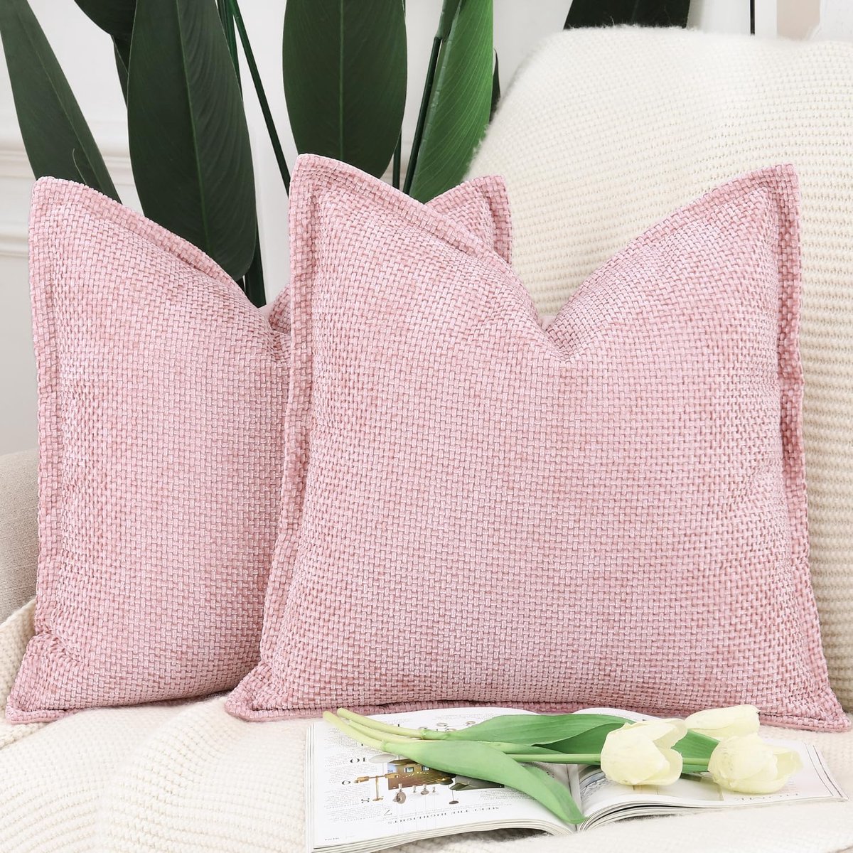 SnelShoppen - Set van 2 Zachte Korte Chenille Fluwelen Franje Kussenslopen 45x45 cm Roze - Decoratieve Kussenhoezen voor Sofa en Slaapkamer
