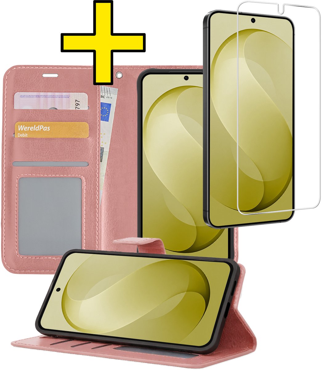 Hoesje - Met Screenprotector - Geschikt voor Samsung Galaxy S26 FE - Luxe Pasjeshouder - Bookcase Portemonee - Flip Case - Kunstleer Book Case - Flipcase - Book Cover - Walletcase - Portemonneehoes - Telefoonhoesjes - Rosé goud