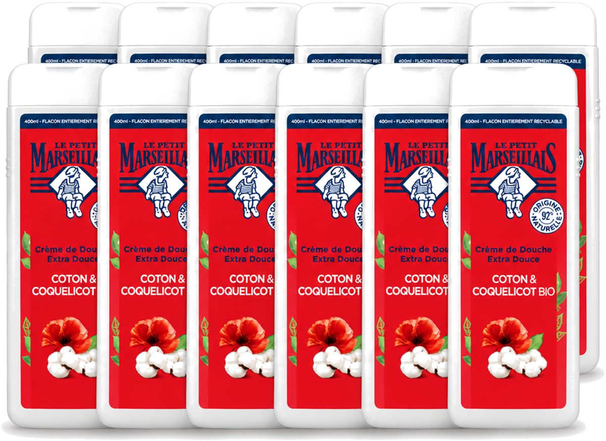 12 x Le Petit Marseillais – Douchegel – Bio Katoenmelk & Papaver – 400 ml - Voordeelverpakking - 12 stuks