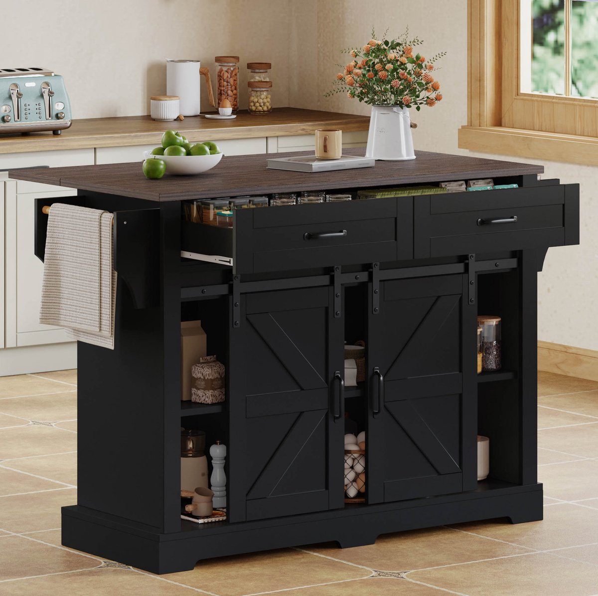 WUVRIE - Keukeninsel 120x45(70)x91 cm - Klapbaar werkblad, 2 lades en schuifdeuren - Zwart