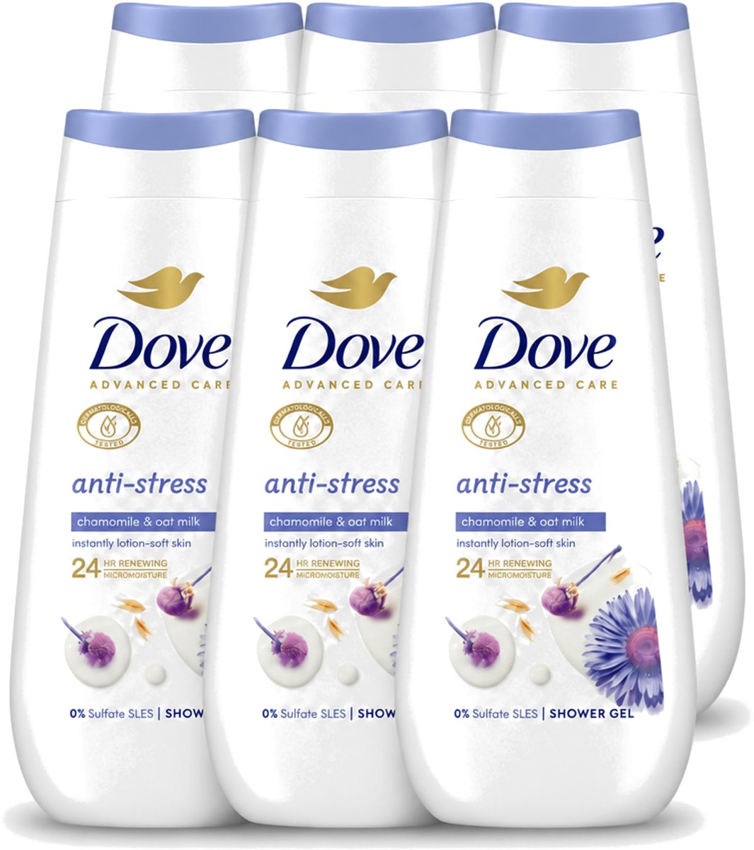 6 x Dove – Douchecrème – Anti-Stress – 225 ml - Voordeelverpakking - 6 stuks