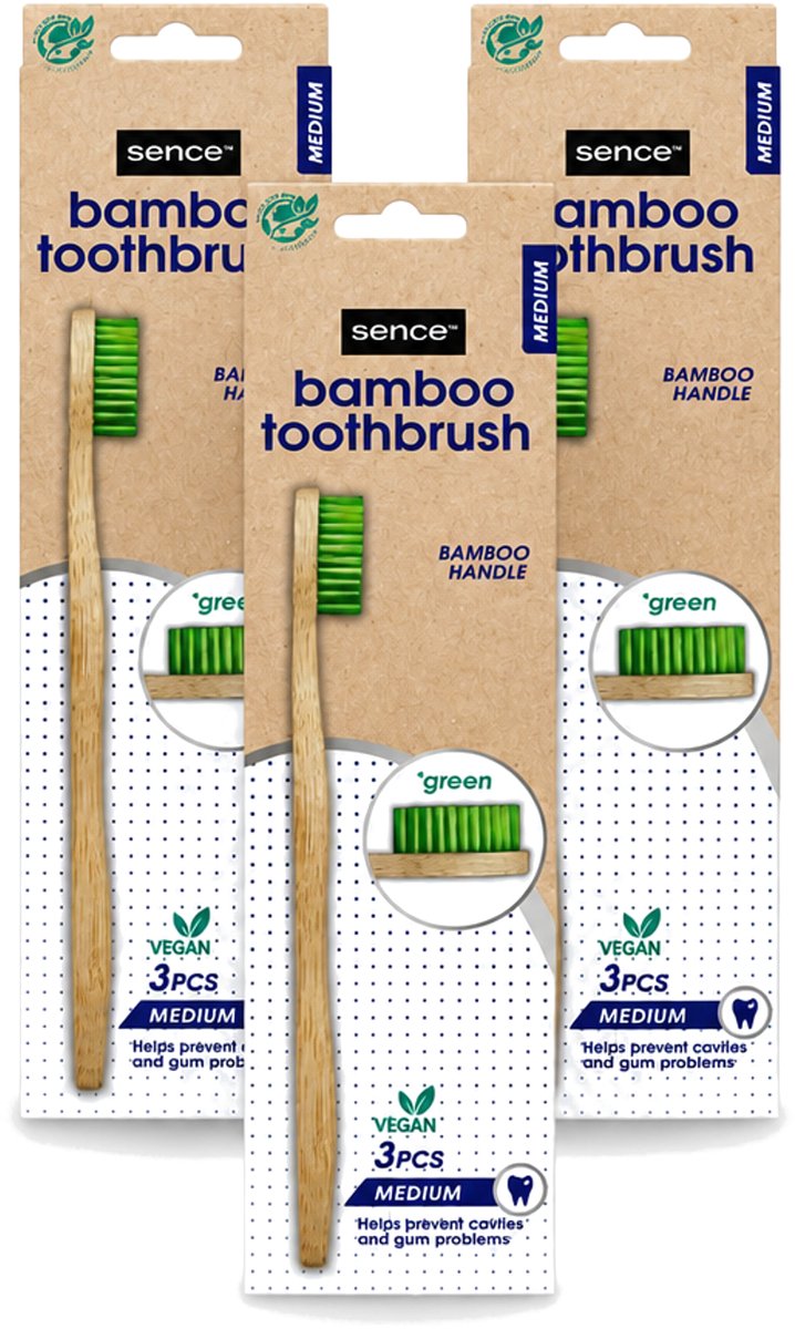 3 x Sence - Bamboo - Tandenborstels - Medium - Set van 3 - Groen - Voordeelverpakking - 3 stuks