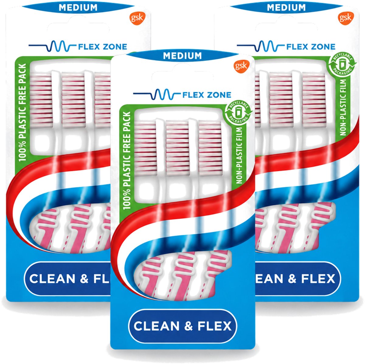 3 x Aquafresh - Tandenborstel - Clean & Flex - Medium - Grondige Reiniging - 3 Tandenborstels - Voordeelverpakking - 3 stuks