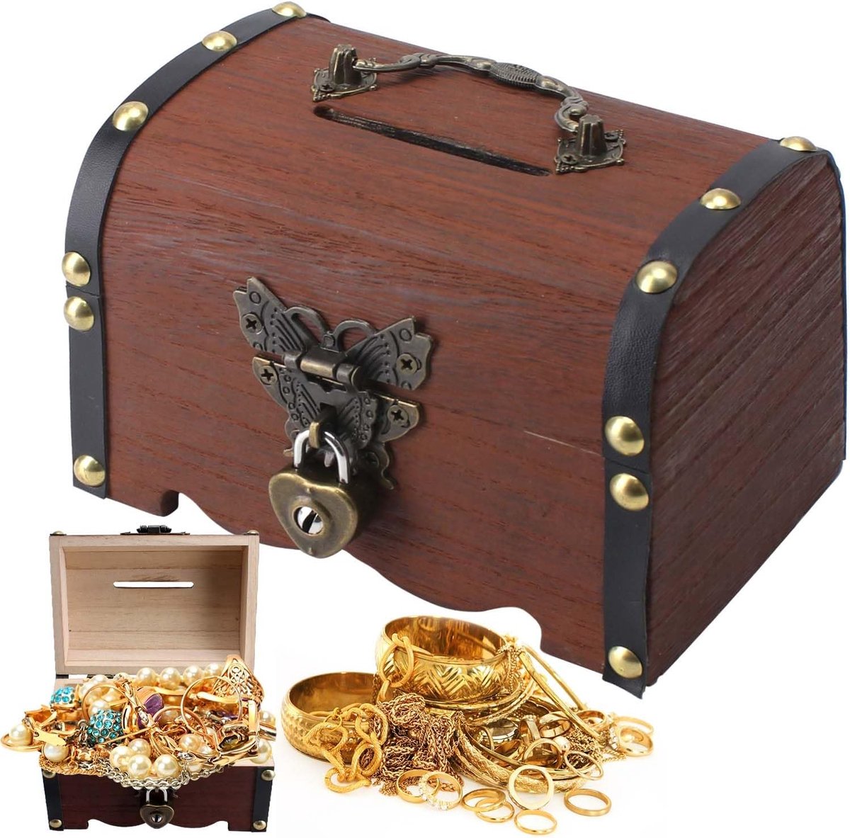 SnelShoppen - Vintage Houten Schatkist Met Slot - Kleine Decoratieve Kist voor Opslag, Kinderverjaardag Schattenjacht - 14,5 x 10,5 x 10,3 cm
