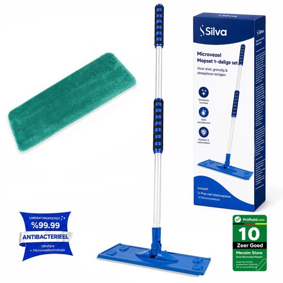 Blauwe dweil met blauwe steel en een losse groene microvezeldoek. De verpakking toont 'Silva Microvezel Mopset'.