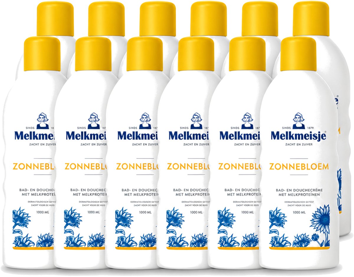 12 x Melkmeisje - Bad & Douche Zonnebloem - Romig Parfum - 1000 ml - Voordeelverpakking - 12 stuks